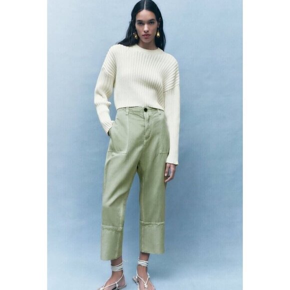 Zara cargo linen blend turn up hem trousers size M - Picture 1 of 8